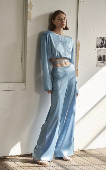 Брюки атласные голубые