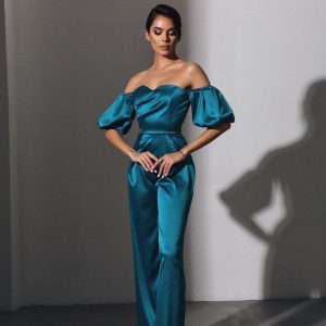 Viclans Off-The-Shoulder Satin Green Jumpsuit with Puffy Sleeves — S Комплект атласный изумруд